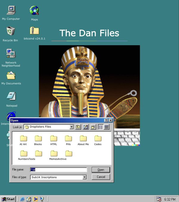 A retro Windows desktop-themed graphic titled 'The Dan Files' featuring a pharaoh image and an open file dialog box with folders like 'AI Art', 'Blocks', 'HTML', 'Pills', 'About Me', and 'Codes'.