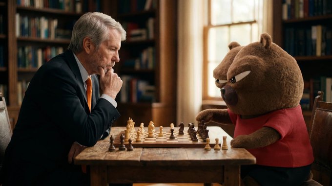 The image shows a man sitting at a table playing chess against two large stuffed animals, specifically a bear and a teddy bear. The man appears to be wearing a suit and tie, suggesting that he might be a businessman or attending a formal event. The scene takes place in an office setting with numerous bookshelves filled with various books around the room.