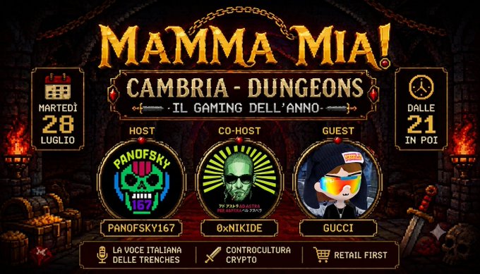 Mamma Mia! Cambria - Dungeons event banner in Italian, scheduled for Martedì 28 Luglio at 21, featuring hosts Panofsky167, 0xNikide, and guest Gucci with themes "La voce italiana delle trenches" and "Controcultura crypto".