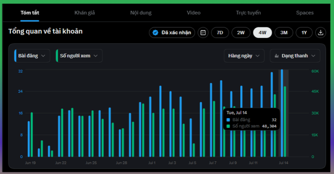 A Vietnamese-language analytics dashboard (Tổng quan về tài khoản) displaying account overview metrics with bar charts tracking posts and viewers over a 4-week period from Jun 19 to Jul 14.