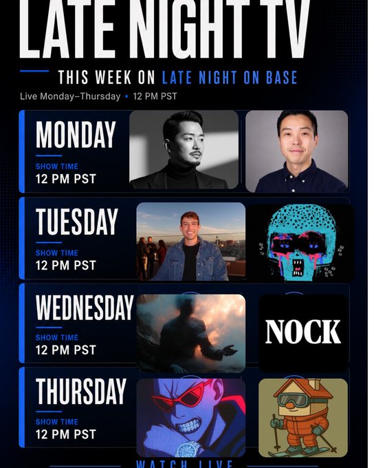 The poster features a variety of images, including photos of people with different expressions, logos for streaming platforms like Netflix, and text related to the content being discussed. The main focus of the poster is the upcoming Late Night TV show, which will feature a diverse lineup of guests discussing various topics such as former Base employees, cryptocurrency, AI agents, and more.