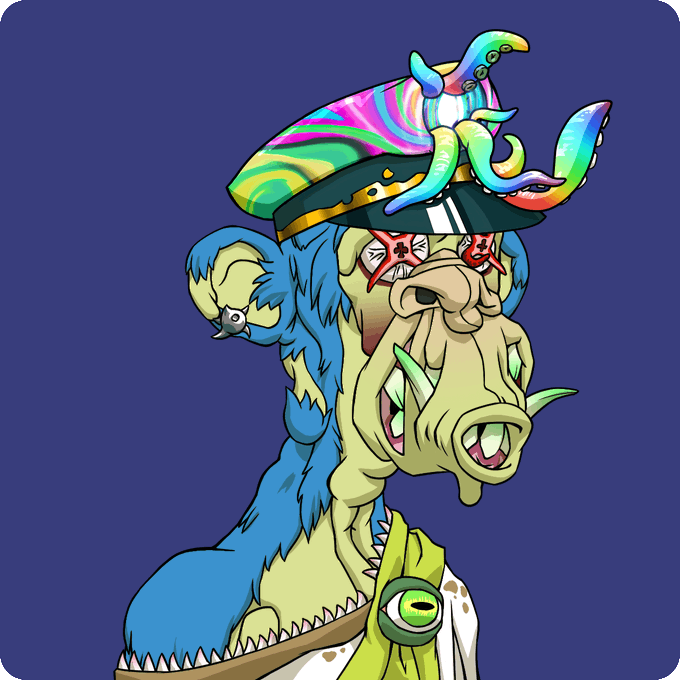 A psychedelic cartoon ape character wearing a colorful octopus-adorned captain's hat with star-shaped sunglasses and spiked accents, representing "Mutant #5229" from the Return to Monke NFT collection purchased for 3.45 WETH. The mutant features blue hair, green tusks, and a dazed expression fitting the "mutants are insane" caption.