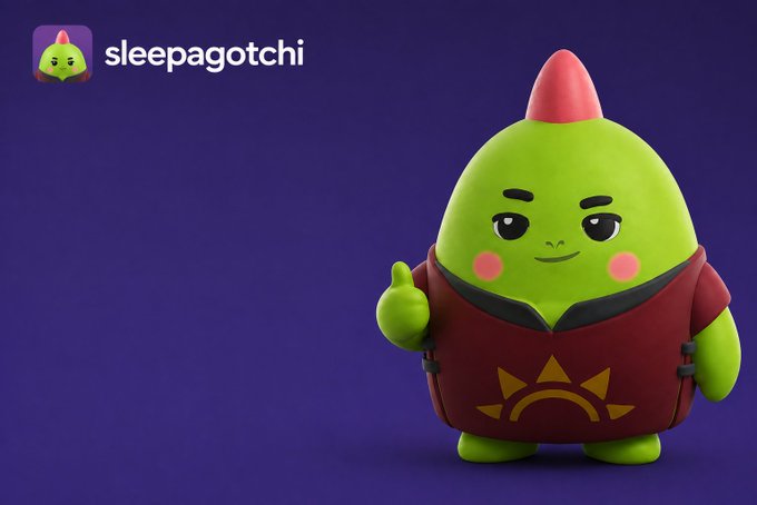 A green Sleepagotchi mascot wearing a maroon hoodie gives a thumbs up against a purple background, with the "sleepagotchi" logo displayed in the top-left corner. The friendly character complements the post's practical tips for using the app, visually reinforcing the app's approachable, coaching-focused personality.