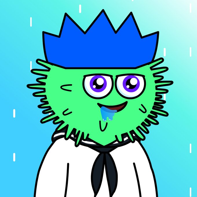 A cartoon illustration of a round, fuzzy green character with large purple eyes, blue spiky hair, and blue drool dripping from its mouth, wearing a white shirt with a black tie.