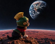 A small character with a yellow crest and goggles sits on a red, Mars-like landscape looking up at Earth in the dark sky.