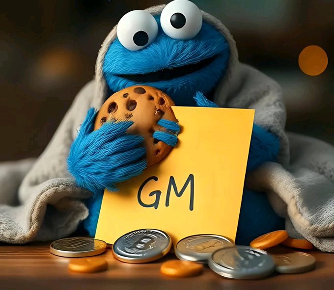 A Cookie Monster figure sits wrapped in a gray blanket, holding a chocolate chip cookie and a yellow 'GM' sign, surrounded by scattered coins on a table.