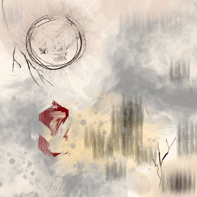 An abstract digital painting featuring a sketched moon with trees inside, surrounded by hazy clouds, bare branches, and geometric shapes in muted grays, creams, and deep reds.