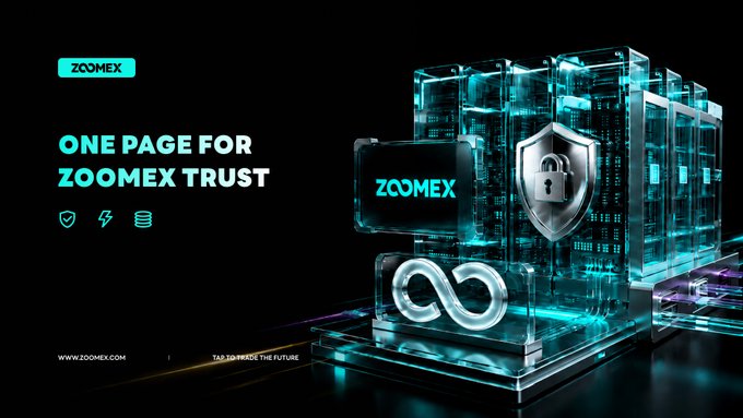 A sleek, tech-inspired promotional graphic for "ZOOMEX" featuring glowing cyan server racks, a security shield with a padlock, and an infinity symbol on a reflective black platform, with the headline "ONE PAGE FOR ZOOMEX TRUST" alongside icons for security, speed, and reserves—visually reinforcing the post's message about centralized trust features like 1:1 reserves, cold-wallet custody, and Hacken audits.