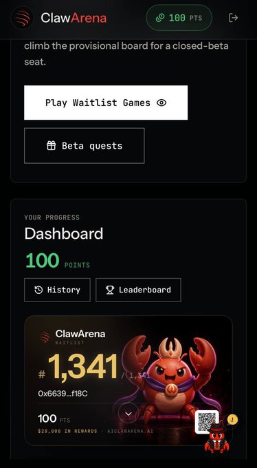 A mobile screenshot of the ClawArena platform showing a dashboard with '100 POINTS', a waitlist position of '#1,341', a wallet address starting with '0x6639...f18C', and a $20,000 reward mentioned.