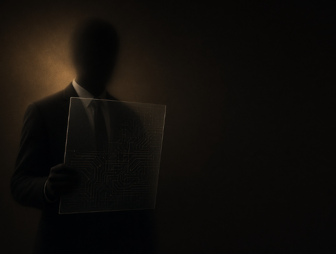 A shadowy, silhouetted figure in a suit holds up a transparent panel etched with a glowing circuit board pattern in a dark, moody setting.
