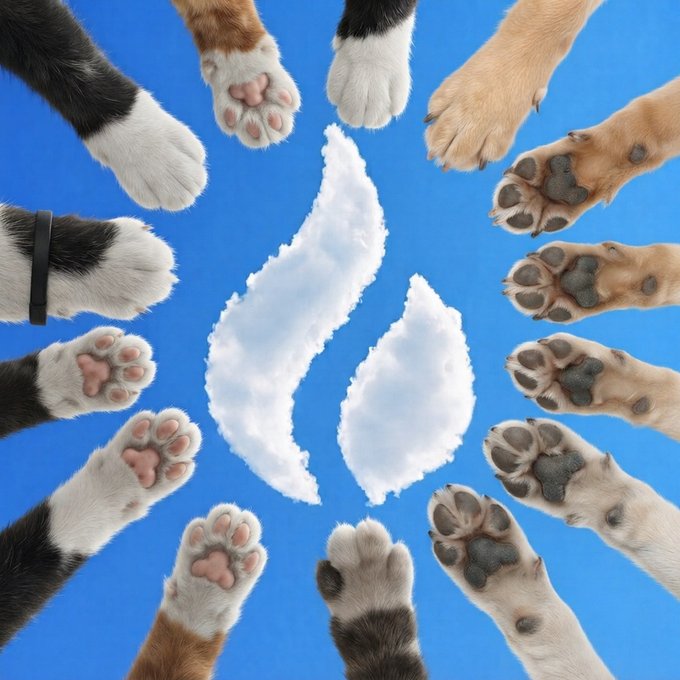 Multiple cat and dog paws arranged in a circle around two torn pieces of white fluffy material against a bright blue background.
