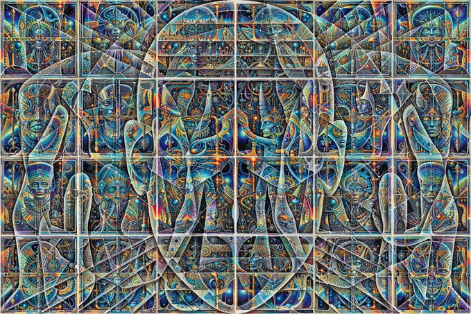 A highly detailed, symmetrical surreal artwork in vibrant blues and golds, featuring a repeating grid of intricate faces, figures, and ornate patterns.
