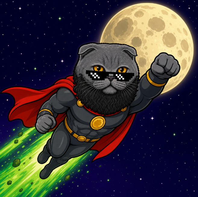 A cartoon illustration of a muscular gray Scottish Fold cat superhero wearing pixelated 'deal with it' sunglasses, a red cape, and a black suit with gold accents, flying through space with a green energy trail alongside a large full moon.