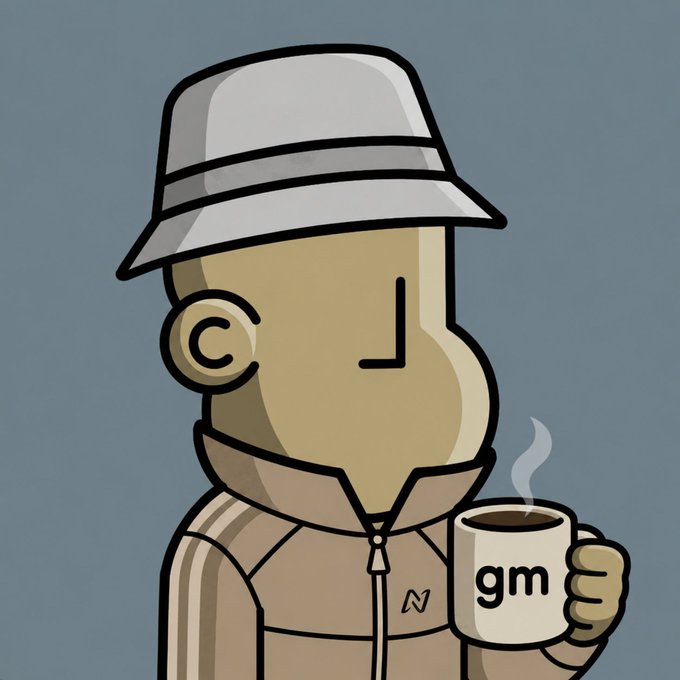 A cartoon illustration of a character in a bucket hat and tracksuit holding a steaming mug labeled "gm," with an "N" logo on their jacket.