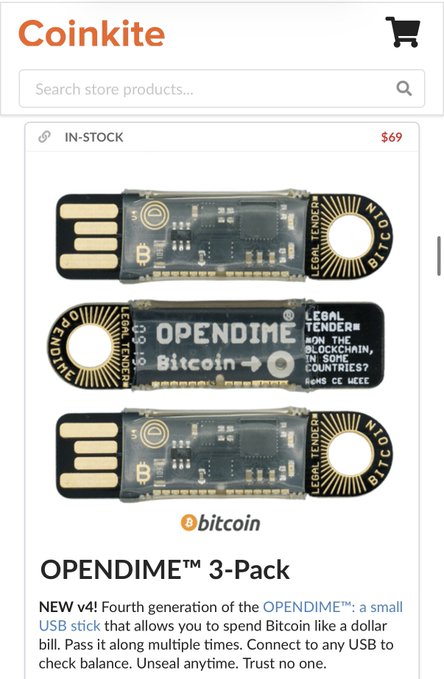 A Coinkite product page displaying the OPENDIME™ 3-Pack (v4) for $69, featuring three small USB stick Bitcoin devices designed to function like physical dollar bills, illustrating the diversification of Coinkite's hardware wallet lineup that the post alludes to alongside Coldcard products like Seedzor and Tapsigner.
