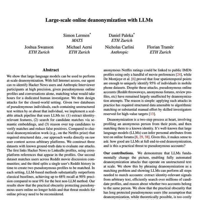 The academic paper titled "Large-scale online deanonymization with LLMs" by Simon Lermen, Daniel Paleka, Joshua Swanson, Michael Aerni, Nicholas Carlini, and Florian Tramèr, with an abstract describing LLM-based attacks against Hacker News and Reddit users.
