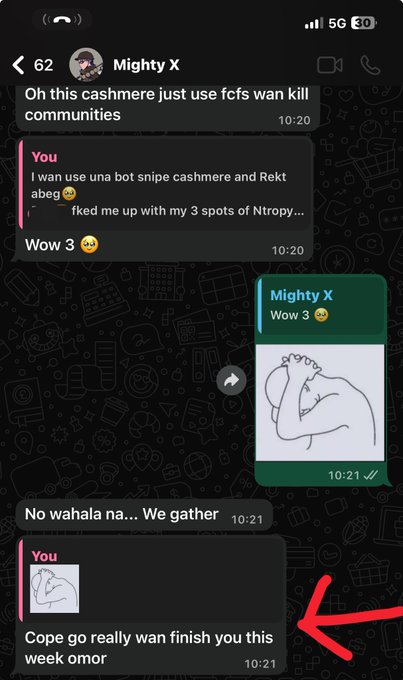 A WhatsApp chat screenshot with 'Mighty X' discusses using FCFS bots to snipe 'cashmere' and 'Ntropy' communities, with the final message 'Cope go really wan finish you this week omor' highlighted by a red arrow.