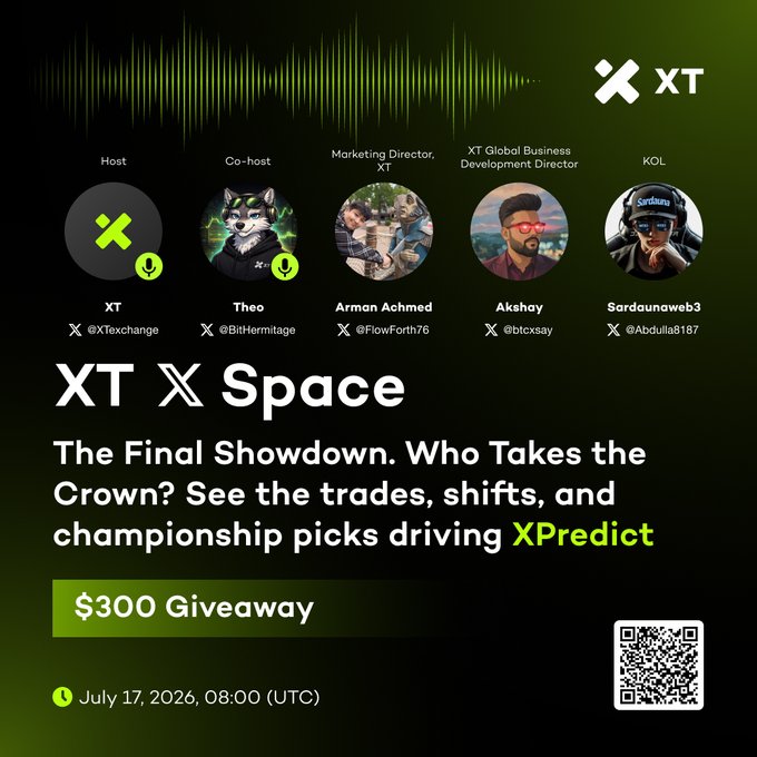 Promotional graphic for an "XT X Space" Twitter/X audio event titled "The Final Showdown" featuring host XT (@XTexchange), co-host Theo (@BitHermitage), Marketing Director Arman Achmed (@FlowForth76), Business Development Director Akshay (@btxcsay), and KOL Sardaunaweb3 (@Abdulla8187), scheduled for July 17, 2026 at 08:00 UTC with a $300 giveaway tied to #XPredict and #Football hashtags, visually reinforced by the green audio waveform and XT branding.