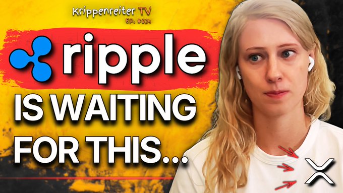 A YouTube thumbnail for "Krippenteiter TV" features a blonde woman alongside the Ripple logo and bold text reading "RIPPLE IS WAITING FOR THIS..." with the XRP ticker symbol, visually teasing an interview about tokenization progress on the XRP Ledger (XRPL) and the future of institutional blockchain adoption.