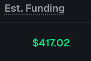 The image displays an "Est. Funding" value of **$417.02** in green text on a dark background, indicating a projected funding rate. This relates to the post's discussion of cross-exchange funding-rate spread opportunities for perp farming, likely representing the estimated funding earned from the HYPE spread between Variational and RISEx.