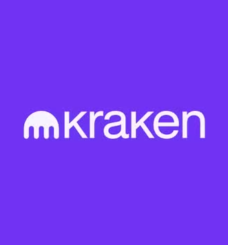The image displays the Kraken logo in white text with its iconic octopus tentacle icon on a purple background, visually representing the cryptocurrency exchange mentioned in the news about its acquisition of Lithuania's Saldo Bank for European expansion.