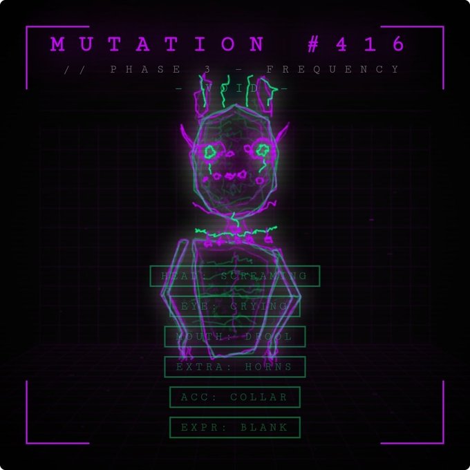 A glowing neon wireframe digital character labeled "MUTATION #416" with attributes listed as "HEAD: SCREAMING, EYE: CRYING, MOUTH: DROOL, EXTRA: HORNS, ACC: COLLAR, EXPR: BLANK" against a dark grid background, representing a unique NFT trait combination referred to as a "General" in the Freaks collection.