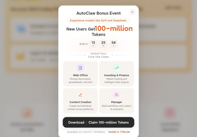 A promotional popup for 'AutoClaw Bonus Event' offering new users 100-million tokens, with a countdown timer and four core use cases listed: Web Office, Investing & Finance, Content Creation, and Manager.
