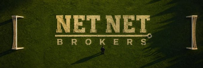The title card for the TV series 'NET NET BROKERS' is displayed on a grassy field, with a tiny figure of a man standing below it.