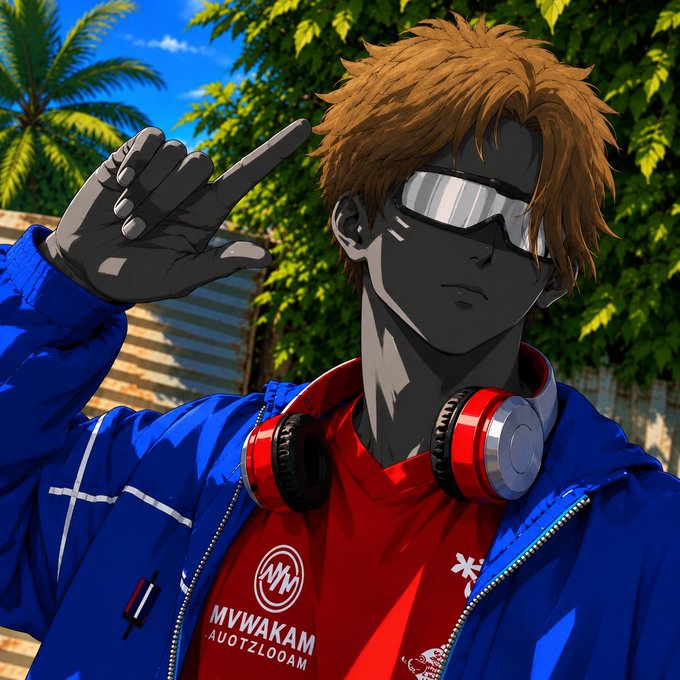 An anime-style digital illustration features a character with messy orange hair and silver visor sunglasses making a hand sign. They wear a blue jacket over a red shirt with the partially garbled text 'MVWAKAM AUOTZLOOAM'.