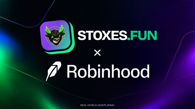 A graphic featuring the Stoxes.fun logo (a masked bull with green currency bars) and the Robinhood logo, connected by an "x," promoting their partnership focused on Real World Assets (RWA). The image supports the post's message about Stoxes.fun's community-focused token launch model that shares creator fees with its user base through its collaboration with Robinhood.