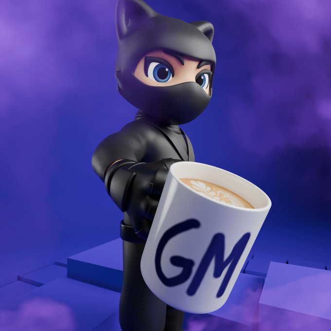 A 3D-rendered ninja character wearing a black cat-eared hood holds out a white mug featuring 'GM' (Good Morning) text and a latte with foam art, set against a moody purple background.