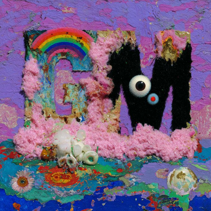 A vibrant mixed-media abstract painting featuring a rainbow arching over pink fluffy textures, a large black creature with a single white eye and red pupil, set against a purple cracked background with seashells and flowers in the foreground.