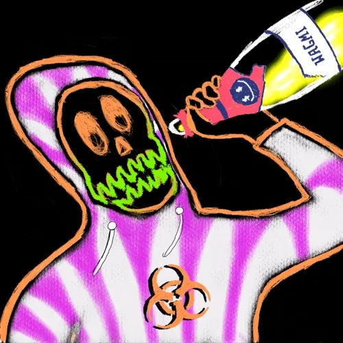 A colorful digital drawing of a skeletal figure in a purple and white striped hooded garment, holding a marker labeled 'MARKER' and wearing a number 8 necklace.