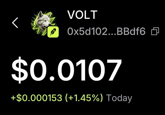 Screenshot of the VOLT cryptocurrency token (contract 0x5d102...BBdf6) showing a price of $0.0107 with a daily gain of +$0.000153 (+1.45%).