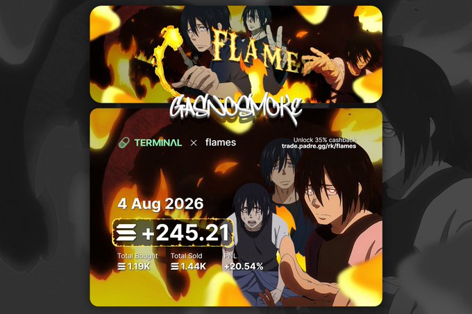 Trading card for the 'flames' token showing anime-style character art with fire effects, displaying a +245.21 gain on 4 Aug 2026 with 1.19K total bought, 1.44K total sold, and +20.54% PNL on TERMINAL platform.