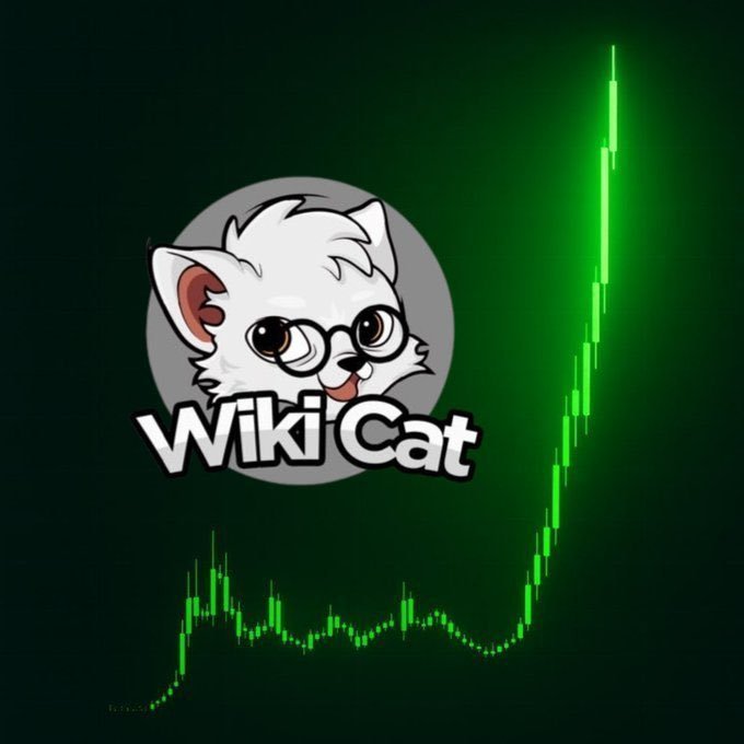 A WikiCat logo featuring a cartoon white cat with glasses is displayed against a dark green background with an upward-trending candlestick chart.