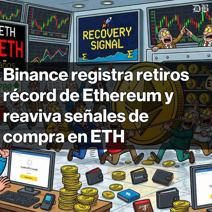 Cartoon-style meme image depicting a chaotic crypto trading scene with a 'RECOVERY SIGNAL' screen, captioned in Spanish: 'Binance registra retiros récord de Ethereum y reaviva señales de compra en ETH' (Binance records record Ethereum withdrawals and revives buy signals on ETH).