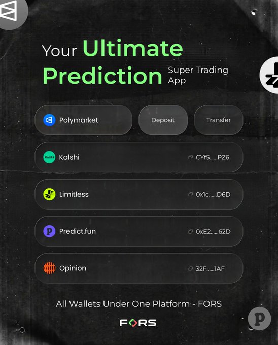 A promotional graphic for a prediction trading platform called FORS titled "Your Ultimate Prediction Super Trading App" listing integrations with Polymarket, Kalshi, Limitless, Predict.fun, and Opinion, with the tagline "All Wallets Under One Platform - FORS" at the bottom.