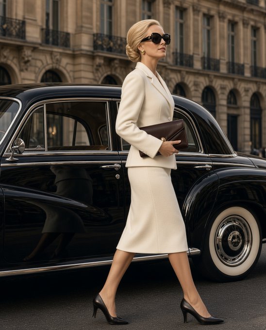An elegant woman in a cream-colored suit and sunglasses holding a brown clutch, walking past a black vintage luxury car on a Parisian-style street.