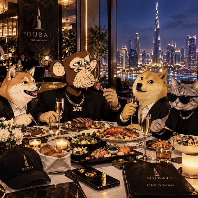 A digitally edited image of meme characters (Doge, a cat, and another figure) dining at 'Dubai Fine Dining' with a view of the Burj Khalifa in the background.