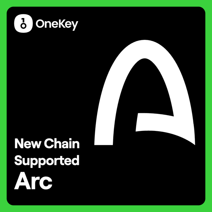 A square graphic with a bright green border and black background featuring the OneKey logo, a large stylized 'A', and the text 'New Chain Supported Arc'.