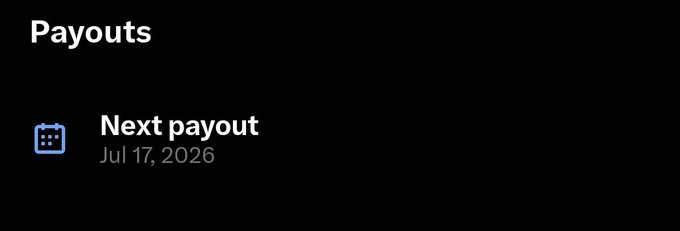 A dark-themed screenshot showing a "Payouts" section with the "Next payout" scheduled for Jul 17, 2026. The date visually reinforces the post's frustration about waiting for payment.