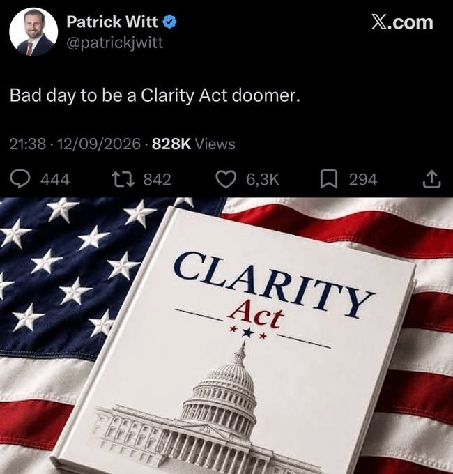 A tweet from White House advisor Patrick Witt (@patrickjwitt, verified) posted at 21:38 on 12/09/2026 reading "Bad day to be a Clarity Act doomer," with 444 replies, 842 reposts, 6.3K likes, and 294 bookmarks reaching 828K views, accompanied by an image showing a book titled "CLARITY Act" featuring the U.S. Capitol building and resting on an American flag—visually reinforcing Witt's optimistic outlook on the bill ahead of its September 15 vote.