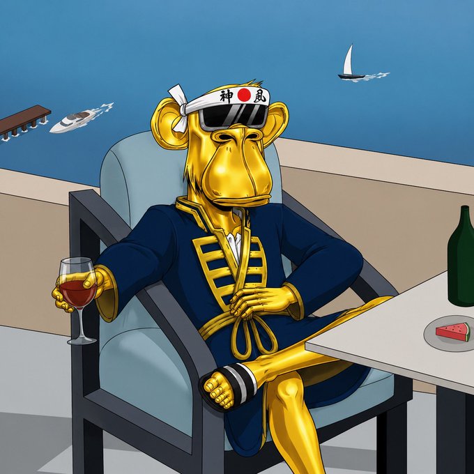 A cartoon illustration of a golden ape wearing sunglasses, a headband with Japanese characters, and a blue robe, holding a glass of red wine while lounging in a chair overlooking the ocean.