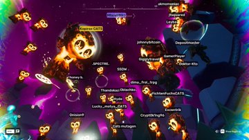 A vibrant digital landscape filled with glowing fox-like cat avatars featuring usernames like "Winner CAT0," "SGSM," and "CryptoCatsNFTs" floats in a purple cosmic setting, directly showcasing the "Pyro takeover" event that the post references, highlighting the ongoing collaboration between CryptoCatsApe and related projects.