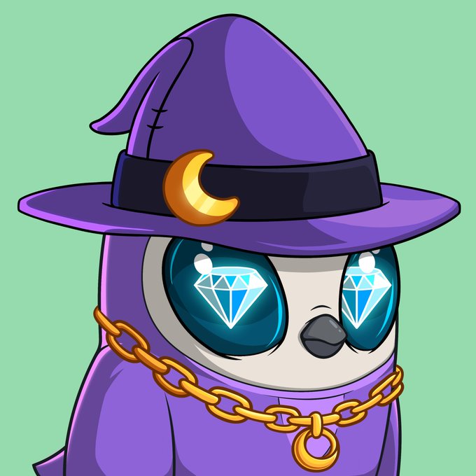A cartoon illustration of a small penguin wearing a purple wizard hat with a moon emblem, a purple robe, and a gold chain necklace, featuring large diamond-shaped eyes.