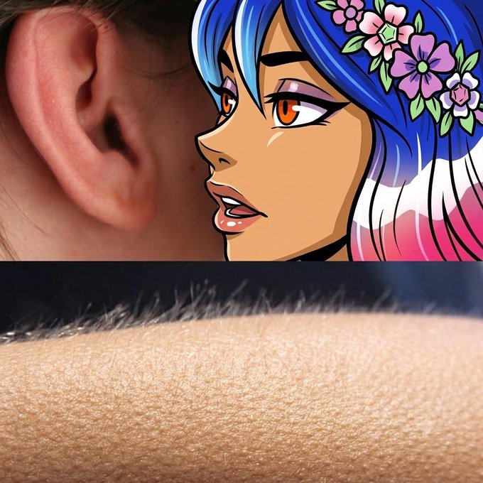 An anime-style image shows a blue-haired female character with flowers in her hair whispering into a real human ear, paired with a close-up photograph of arm hair standing on end.