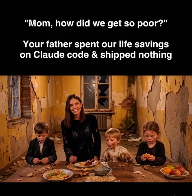 Meme with the joke 'Mom, how did we get so poor? Your father spent our life savings on Claude code & shipped nothing' overlaid on an image of a smiling woman with three children in a dilapidated room.