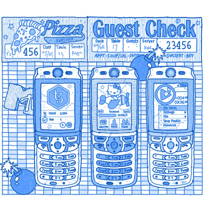A blue-and-white hand-drawn illustration on graph paper showing three mobile phones with various app screens displayed, topped with a 'Pizza Guest Check' receipt (Check #456, Date 04/05, Table 17, Guests 6, Server Kat) and accompanied by cartoon bombs.