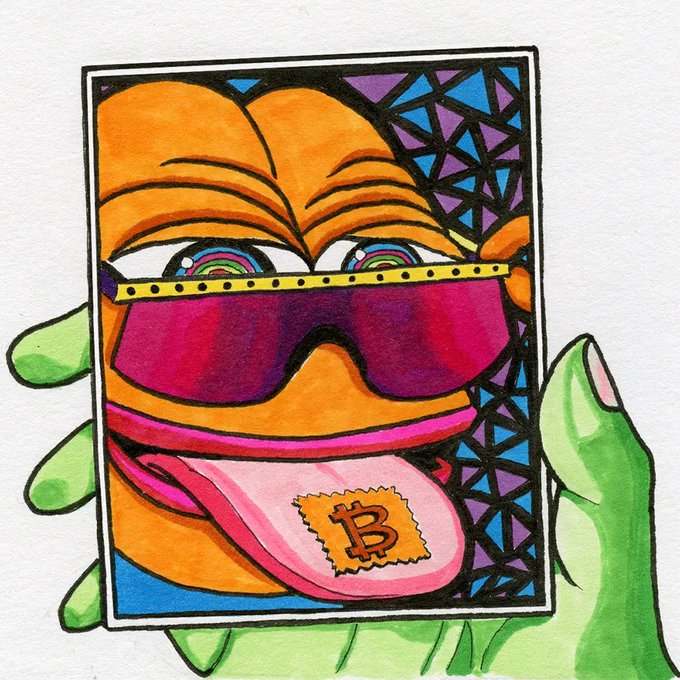 A colorful hand-drawn illustration of an orange cartoon character wearing pink sunglasses with its tongue out, displaying a Bitcoin logo on the tongue, held by green hands against a geometric purple background.